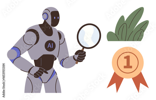 AI robot holding magnifying glass, inspecting objects alongside a gold award medal and greenery. Ideal for innovation, analytics, technology, achievement, research, artificial intelligence concepts