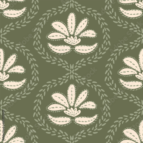 Ethnic hand painted flowers arranged geometrically to form a trellis in colors of off white and sage green on olive green background. Floral seamless vector pattern. Great for home decor, fabric, gift