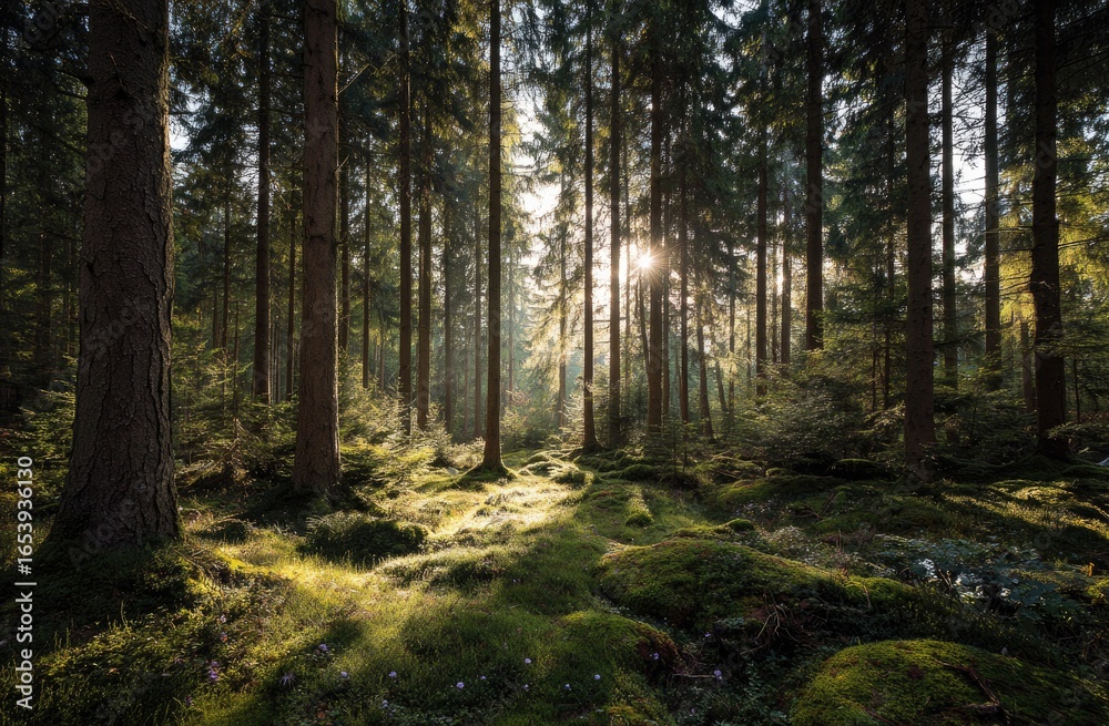 Fototapeta premium Sunlight filtering through a dense forest