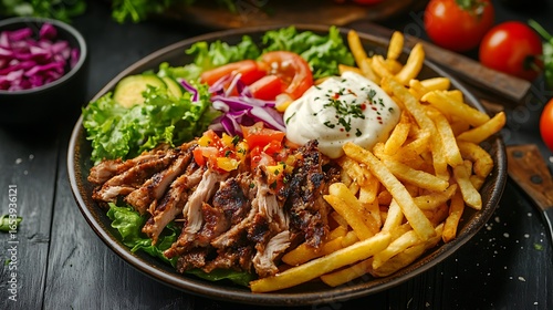 Doner kebab on a plate wit fries and salad