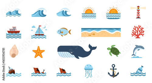 Ocean Life Icons Sea Animals, Waves, and Marine Elements