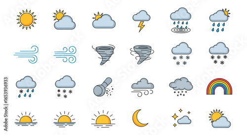 A diverse set of weather condition icons, showcasing various meteorological phenomena, from sunny days to stormy clouds and natural atmospheric events, designed for various digital representations.