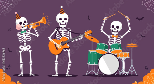 Funny skeleton music band with instruments celebrating a spooky Halloween party. Undead musicians playing guitar and drums vector art.