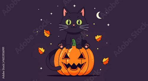 Charming black cat illustration perches on a grinning jack-o'-lantern, illuminated by a starry night sky with gentle autumn leaves falling, capturing the spirit of Halloween.