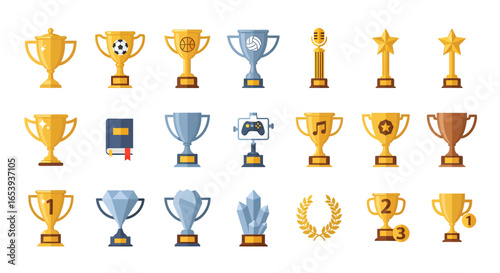 Collection of Gold, Silver, and Bronze Trophy and Award Icons for Recognition