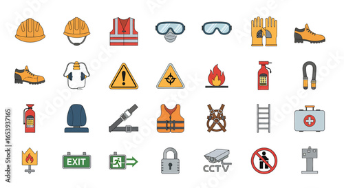 Collection of safety equipment and symbols icons for workplace hazard prevention and emergency response