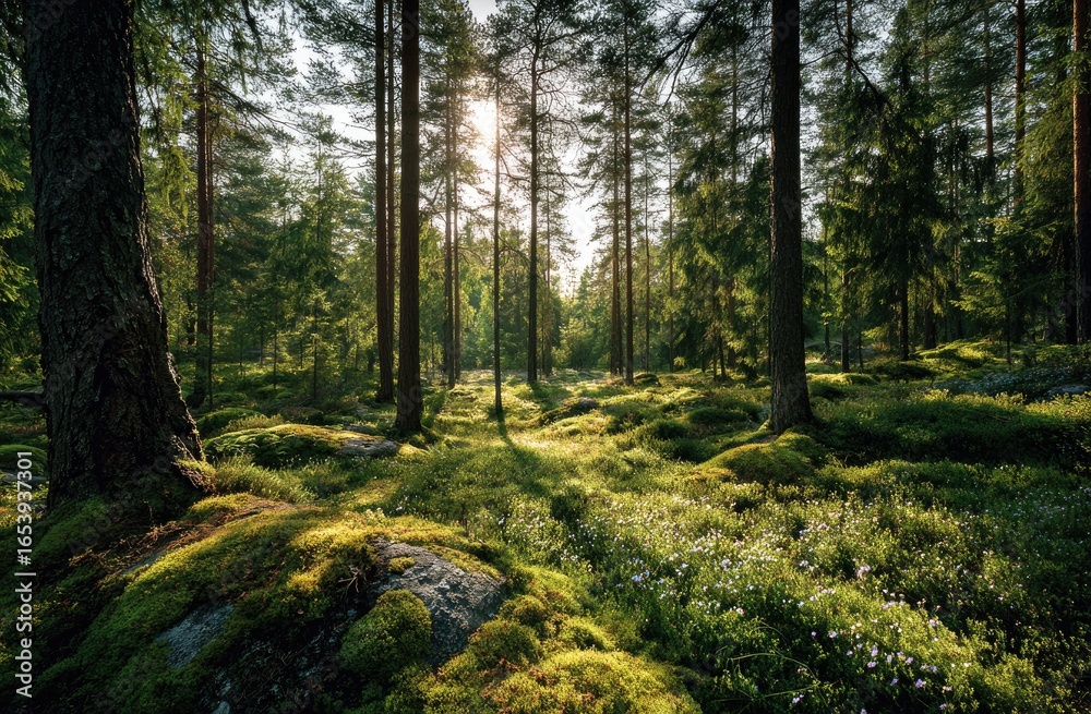 Obraz premium Sunlight filtering through a lush forest