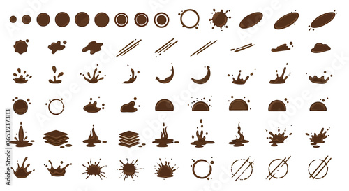 A versatile collection of brown liquid splash and splatter icons. Vector set of chocolate drips, coffee stains, and abstract fluid shapes for creative design.