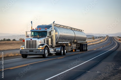 Large tanker truck transporting fuel on highway through desert landscape at sunset