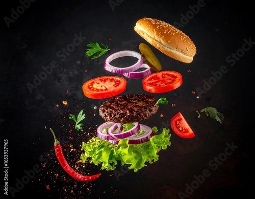 Burger ingredients levitate in the air