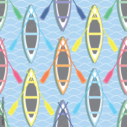 Vector illustration. colorful boats on lake textured background. seamless repeat pattern.