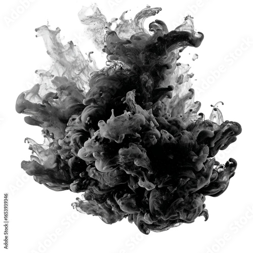 Abstract Black Ink Swirling Underwater on White Background