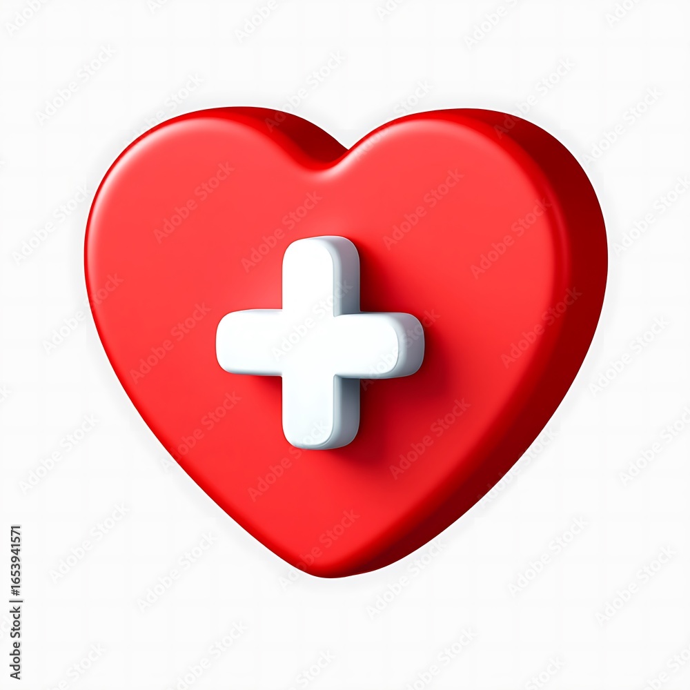 Fototapeta premium Red heart icon with a white plus sign, perfect for healthcare applications.