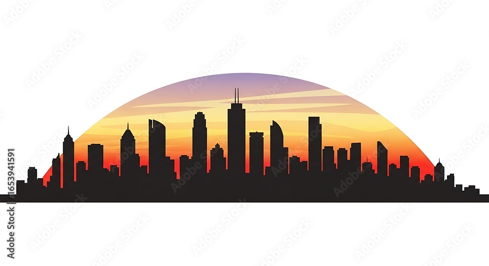 Fototapeta premium A city skyline silhouette against a colorful sunset, a beautiful urban landscape