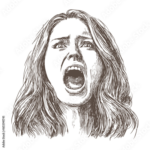 Scared Woman Screaming Vintage Drawing, a detailed, hand-drawn illustration of a terrified woman with her mouth open in a scream, in a vintage sketch style, perfect for themes of horror, fear, and emo