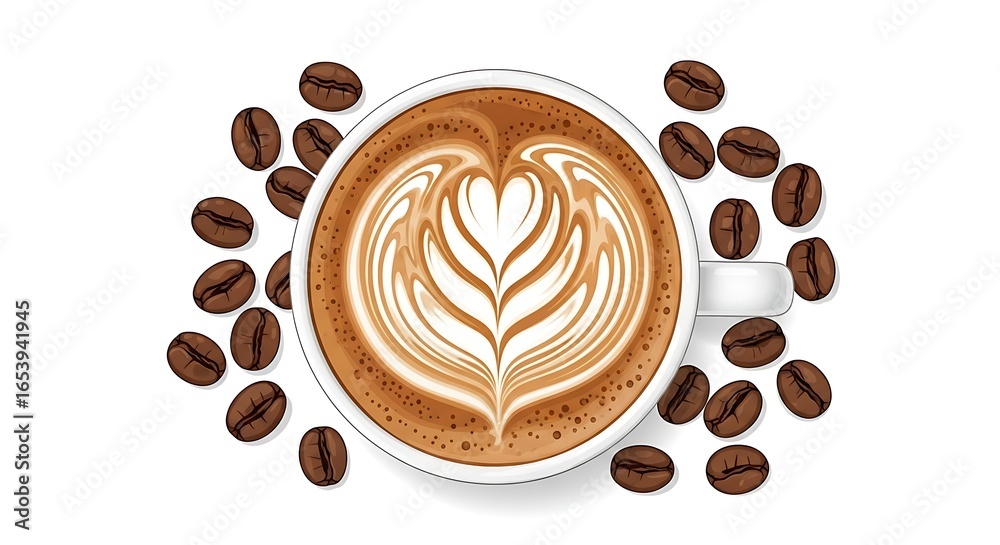 Obraz premium A cup of latte art with coffee beans isolated on white background