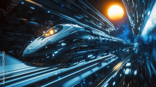 A futuristic high-speed train glides silently through space, illuminated by a vibrant sunrise on Earth's horizon. This concept showcases advanced technology for interplanetary travel.