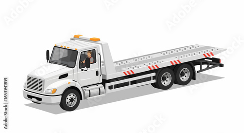 A modern white flatbed tow truck with a driver inside, isolated on a white background for roadside assistance.