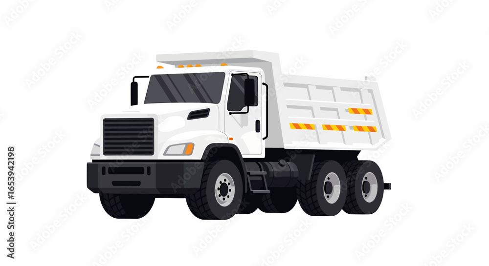 Fototapeta premium A modern white heavy-duty dump truck with an empty tipper bed, isolated on a plain white background.