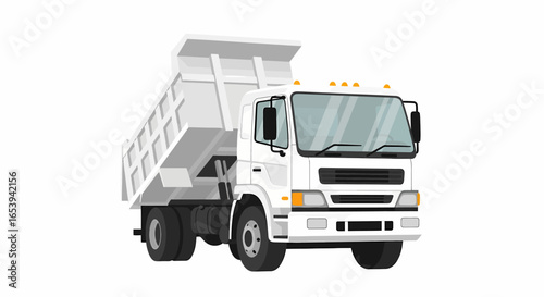 A modern illustration of a white heavy-duty dump truck with a raised tipper bed, isolated on a white background.