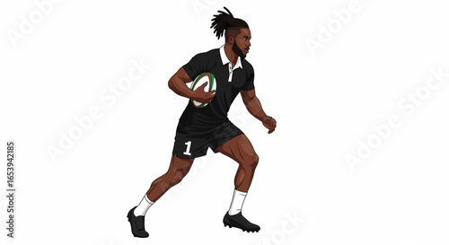 An illustration of a Black male rugby player with dreadlocks running with the ball in a black uniform.