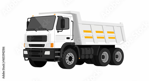 A large white industrial dump truck with a tipper body, isolated on a clean white background.