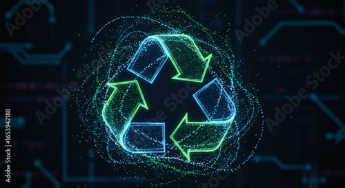 Glowing neon recycling symbol with green and blue arrows on a dark circuit board background with a futuristic feel.