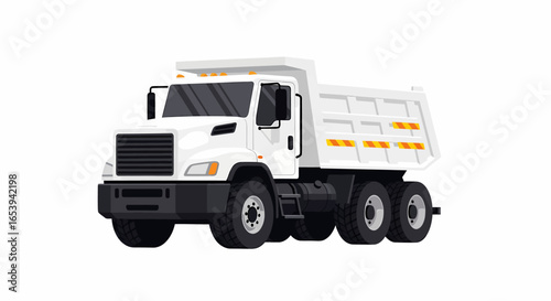 A modern white heavy-duty dump truck with an empty tipper bed, isolated on a plain white background.
