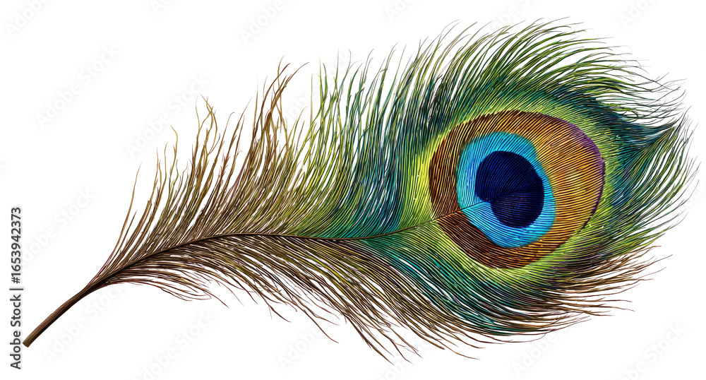 Fototapeta premium Vibrant Peacock Feather with Eye Pattern in Bright Colors on White Background
