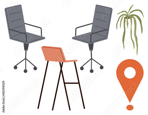 Office chairs, high stool, hanging plant, and map pin. Ideal for coworking space, remote work, interior design, workplace productivity, collaboration modern decor simple flat metaphor