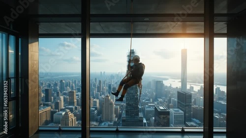 Window cleaner abseiling on a skyscraper, with scenic cityscape in background showcasing urban