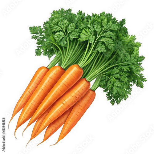 Fresh vibrant orange carrots with lush green tops isolated for healthy eating transparent background