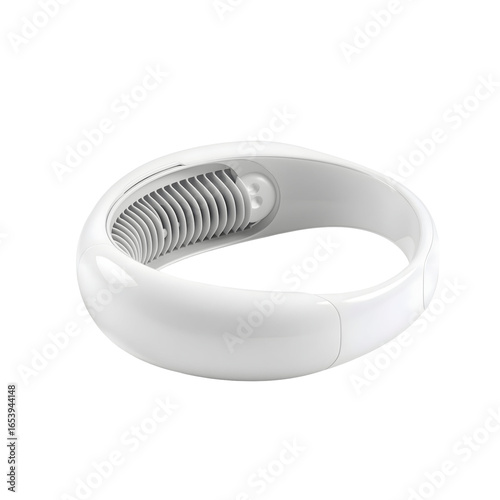 Modern white wearable bladeless neck fan for personal cooling on a white background.