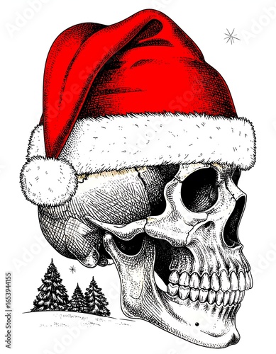Santa Hat Skull, Winter Scene, Illustration