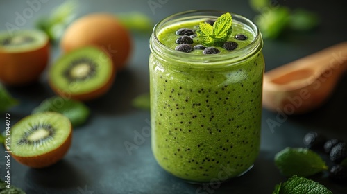 Fototapeta Naklejka Na Ścianę i Meble -  Healthy smoothie with fresh fruits in a glass jar showcases wellness lifestyle and vibrant flavors