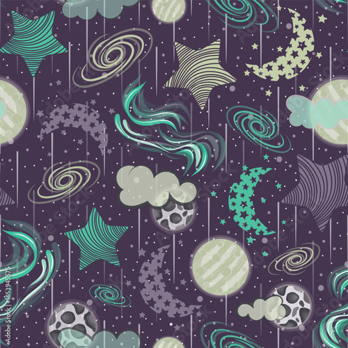 Vector illustration. Reaching to the skies. Glowing stars and Northern lights with moon, mars clouds and  milky way seamless repeat pattern. Perfect for your dreamy bedding and home decor.