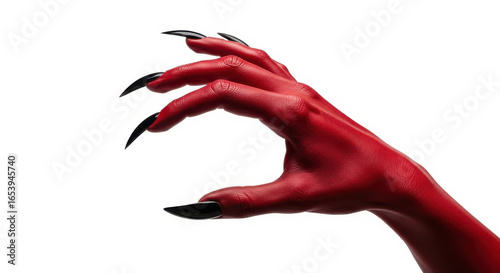 Sinister red demon hand with sharp black claws reaching out against a white background