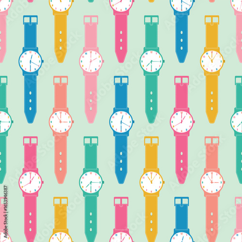 Vector illustration. Colorful wrist watches with different timing seamless repeat pattern on mint green background.