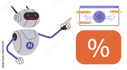 AI robot pointing at digital interface with atom graphic and calculations. Ideal for technology, AI, educational tools, automation, robotics, data analysis, simple flat metaphor