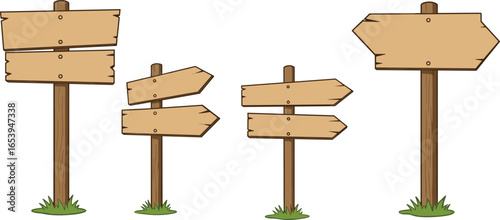 Wooden direction signs cartoon style, empty wooden boards isolated, multiple signposts with arrows, blank road guide signs for navigation, vector path direction concept