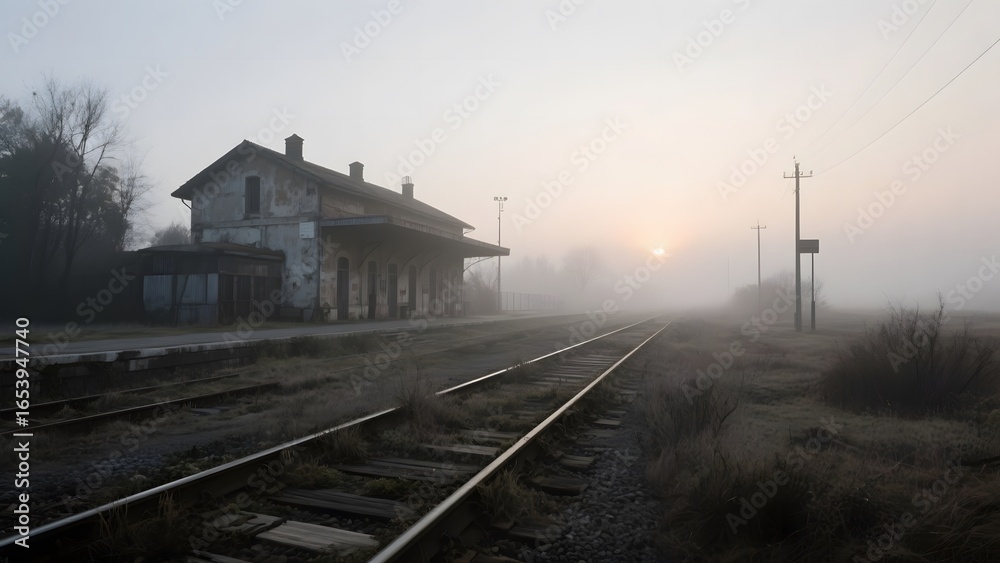 Fototapeta premium Foggy Railway Station with Abandoned Building and Tracks Stretching into the Distance