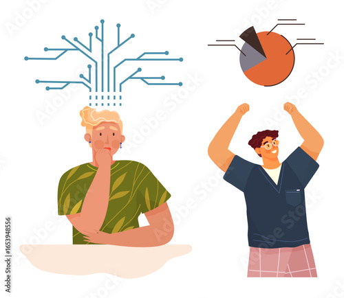 Thoughtful person visualizing neural connections while another celebrates with hands up near a pie chart. Ideal for collaboration, teamwork, problem-solving, innovation, creative process