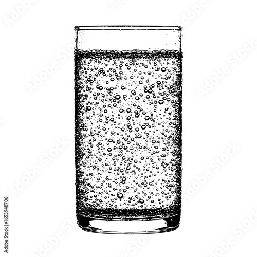 Glass of sparkling water bubbles fresh drink beverage fizzy clear refreshment illustration black and white image