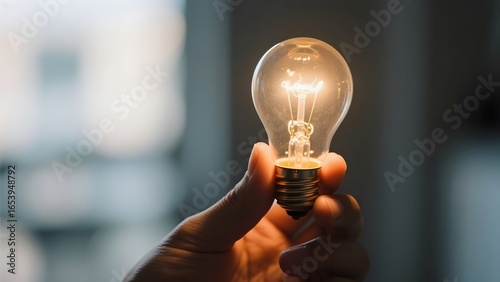 Hand holding a glowing light bulb, symbolizing ideas or innovation.