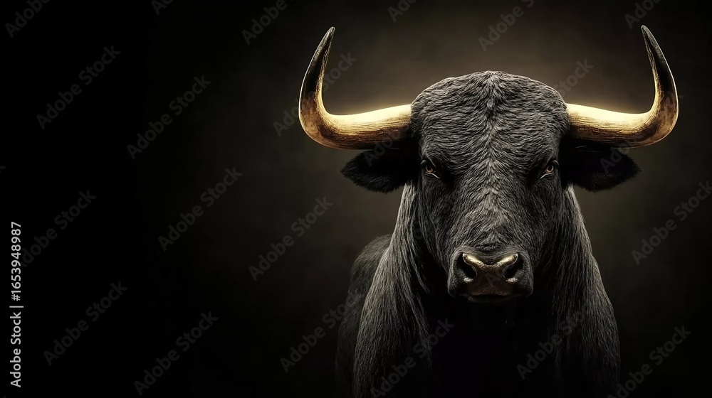 Naklejka premium Majestic black bull with golden horns in soft light on dark background, powerful 3D vertical portrait for strength-themed posters, sports branding and mythological decor.