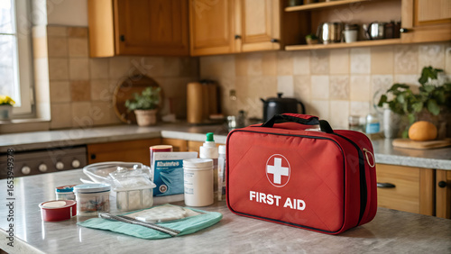 First aid kit and medical supplies on kitchen counter for home emergency preparedness and safety