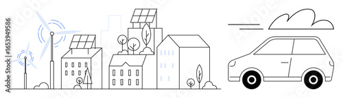 Buildings with solar panels, wind turbines, trees, and an eco-friendly car highlight clean energy, renewable power, urban sustainability. Ideal for environment, energy, innovation transportation