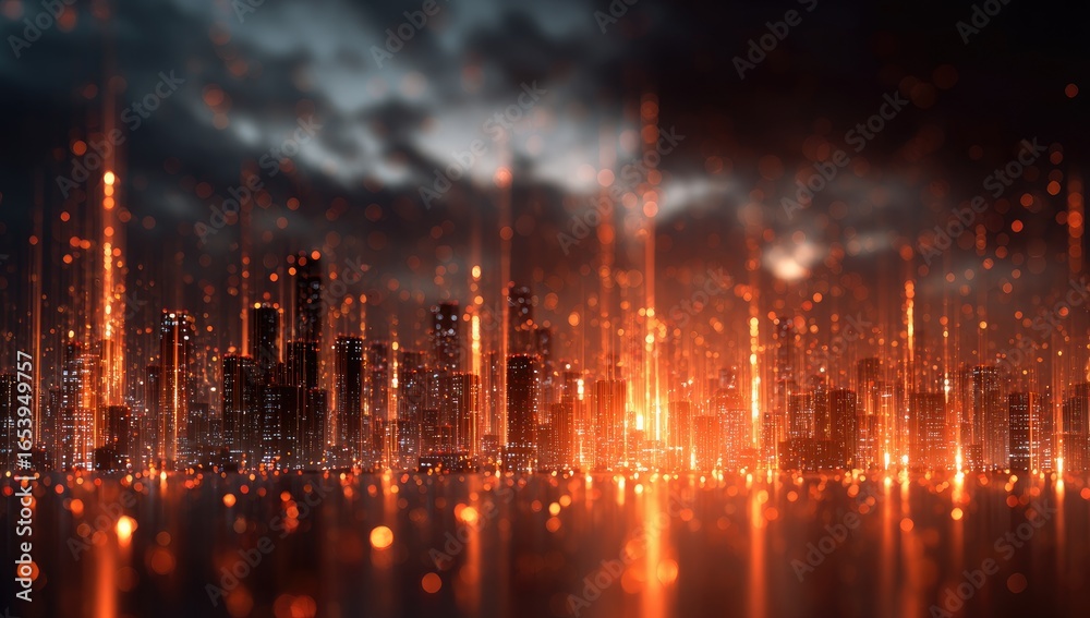 Obraz premium Fiery city skyline at night under a stormy sky