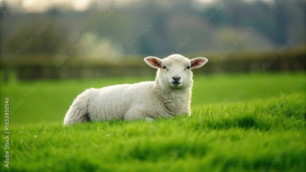 Fototapeta premium White sheep resting on lush green field — reflecting calmness and pastoral beauty