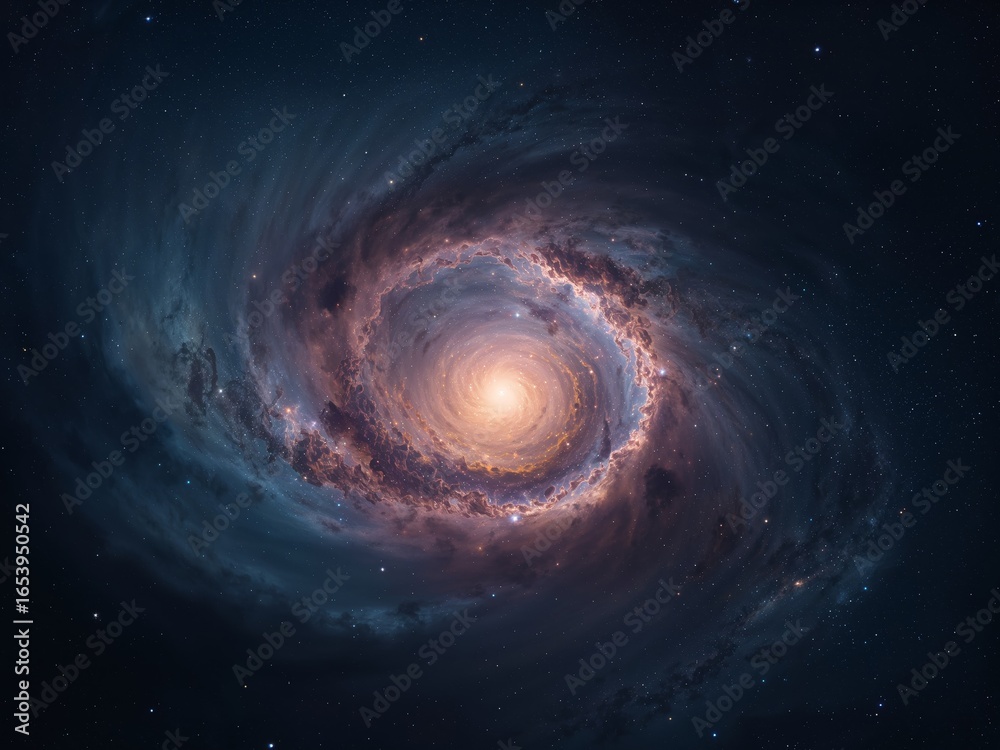 Obraz premium A Distant Spiral Galaxy with a Luminous Core and Swirling Nebulae in Dark Cosmos.